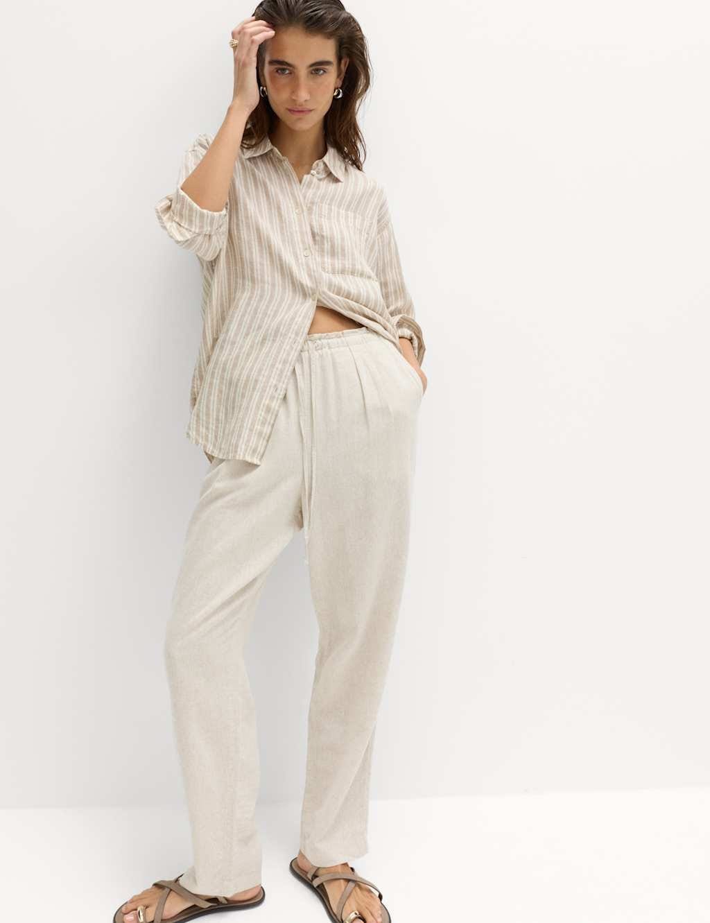 Marks & Spencer M&S Linen Rich Elasticated Waist Tapered Trousers Oatmeal - 1