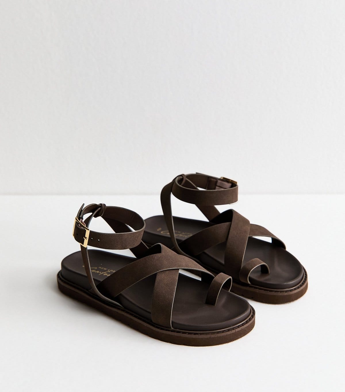 New Look Women's Brown Faux Suede Toe Loop Chunky Flat Sandals Vegan New Look - 4