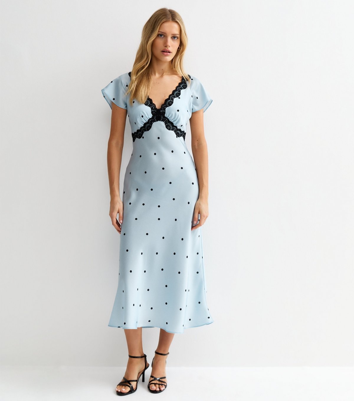 New Look Women's Blue Satin Polka Dot Lace Trim Midi Dress New Look - 3
