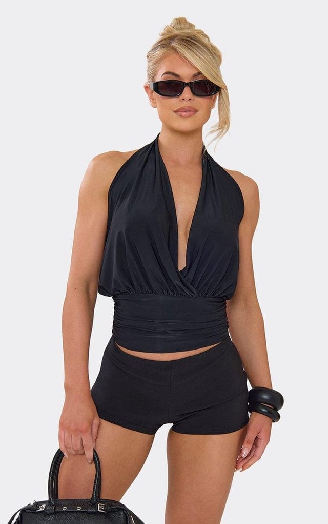 EGO Halterneck Cowl Front Top In Black, Women's Size UK 6 - 2