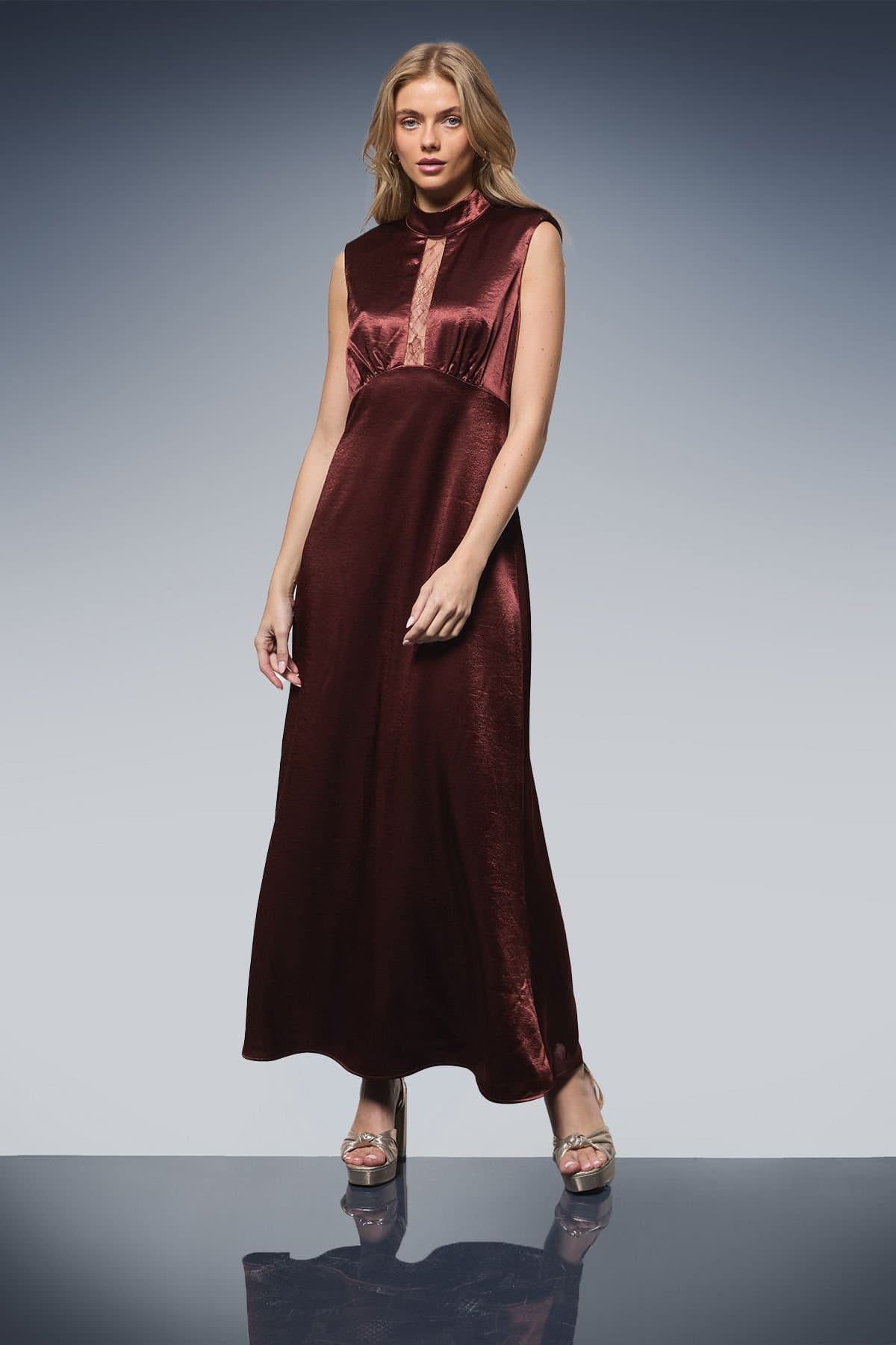Oasis Oasis Women's Lace Insert Sleeveless High Neck Midi Dress in Chocolate