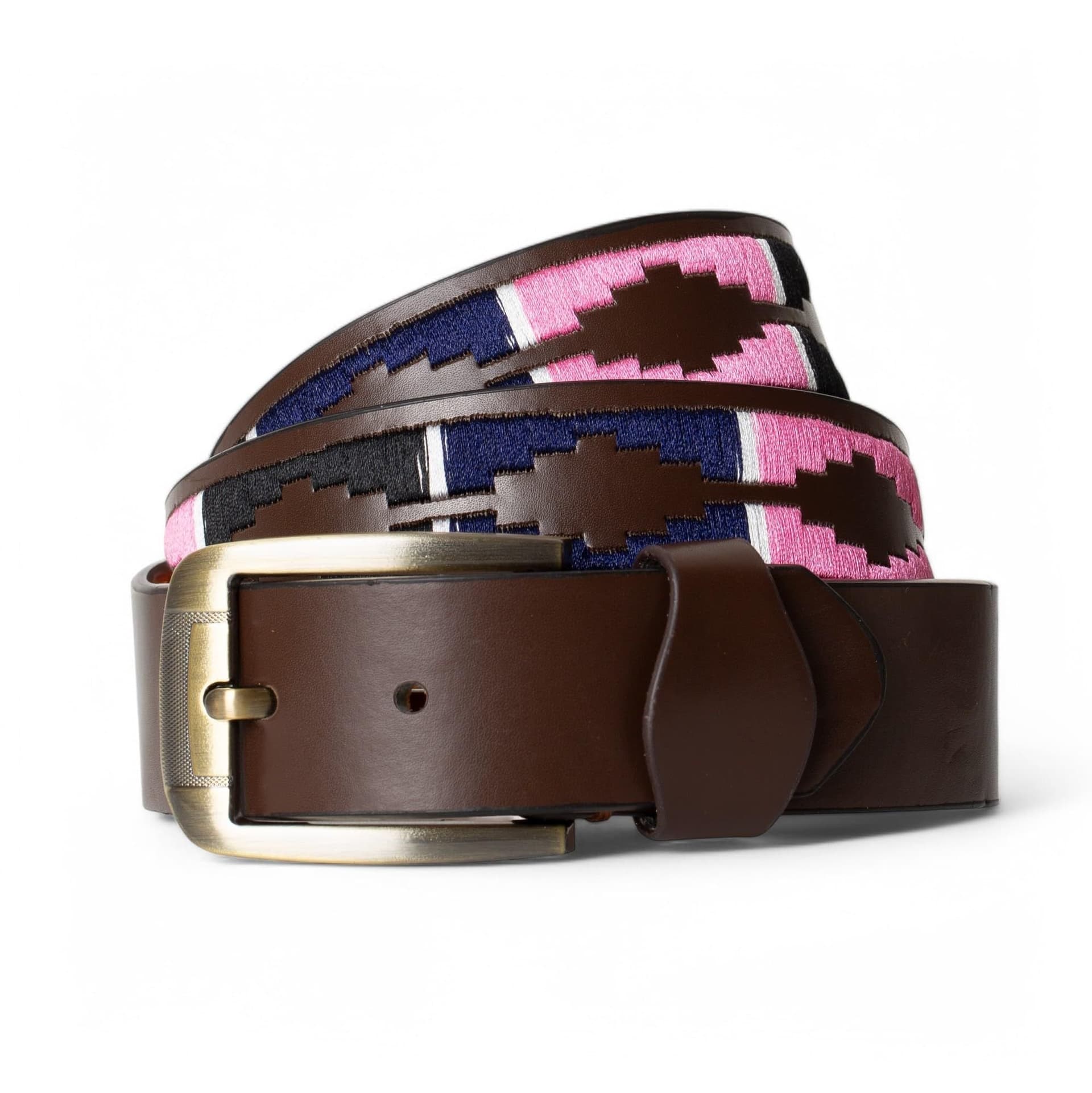Woodland Leathers Woodland Leathers Brown Leather Belt with Pink Embroidery