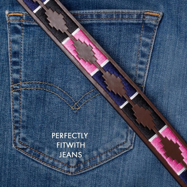 Woodland Leathers Woodland Leathers Men's Men's Polo Belt with Pink Embroidered Stitching in Brown - 2
