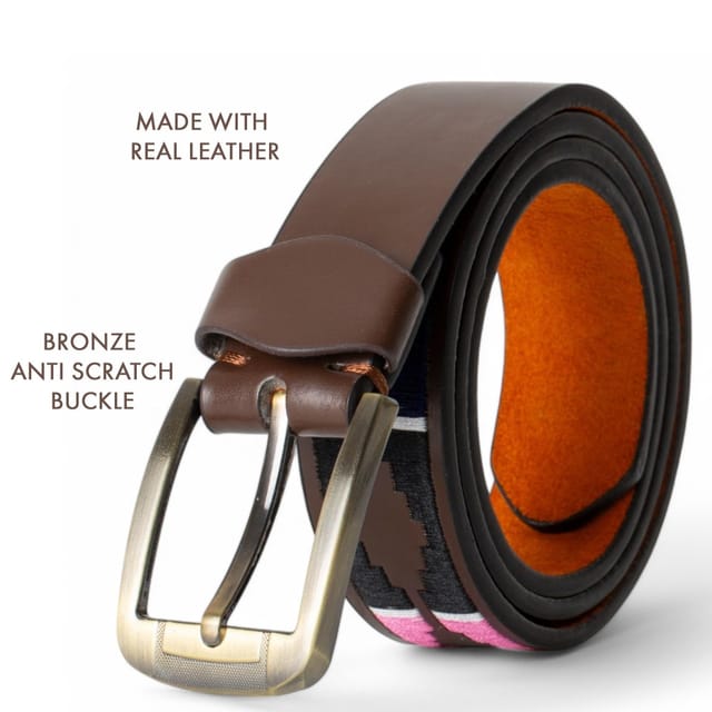 Woodland Leathers Woodland Leathers Men's Men's Polo Belt with Pink Embroidered Stitching in Brown - 3