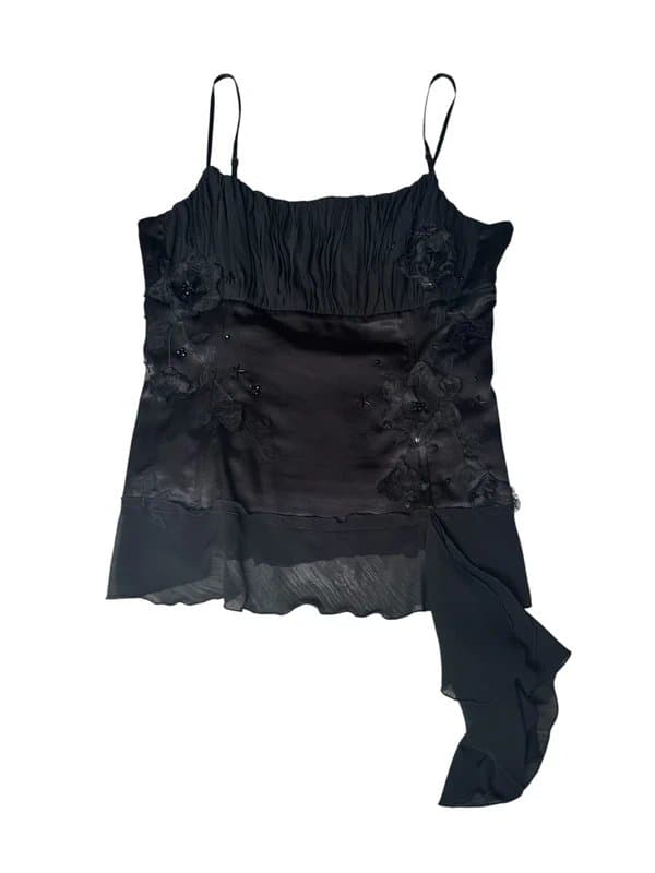 New Look y2k black floral embroidered satin bead embellished ruched fairy core cami