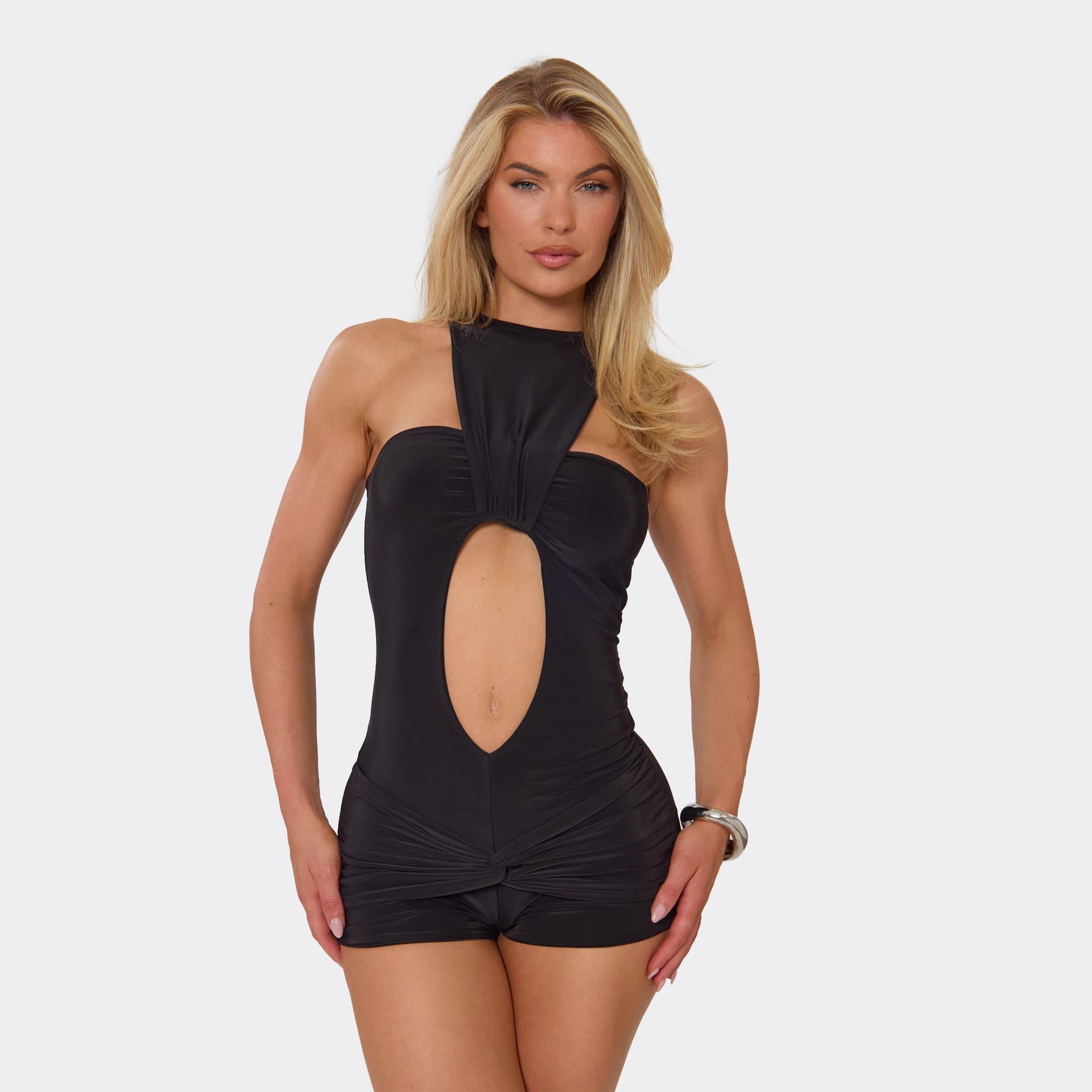 EGO High Neck Keyhole Cut Out Playsuit In Black, Women's Size UK 6
