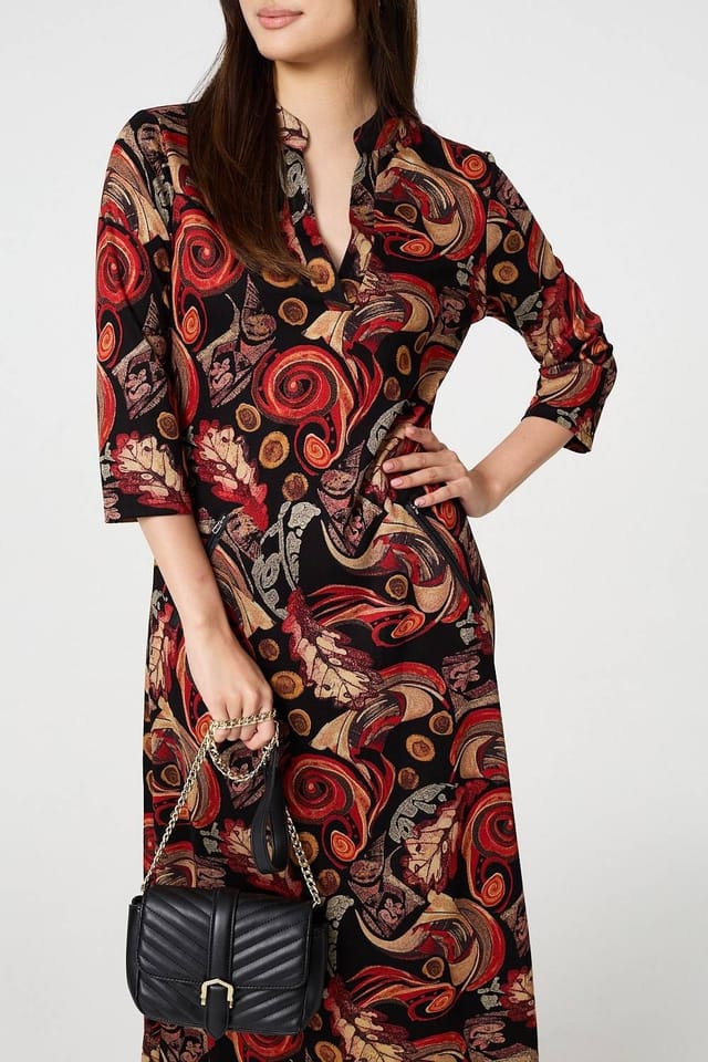 Izabel London Izabel London Women's Abstract 3/4 Sleeve Maxi Shift Dress in Black - 2