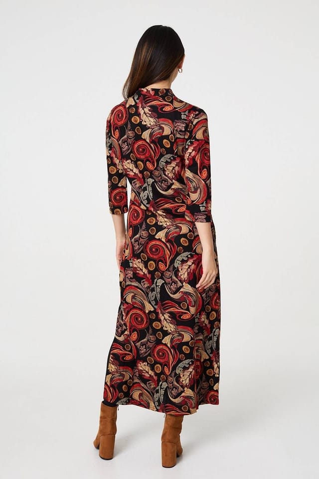 Izabel London Izabel London Women's Abstract 3/4 Sleeve Maxi Shift Dress in Black - 3