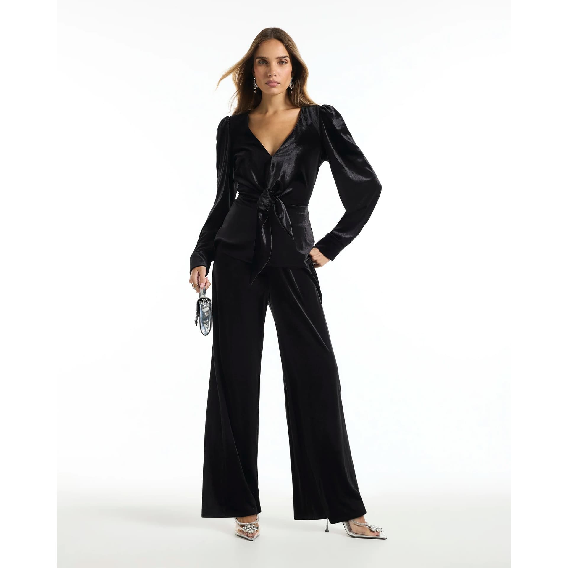 River Island River Island Womens Black Velvet Wide Leg Trousers