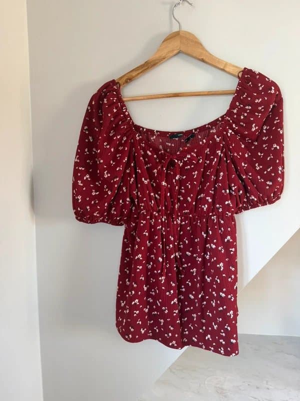 George George Red Burgundy Floral Tie Cap Sleeve Floaty Blouse Top Shirt Size 12