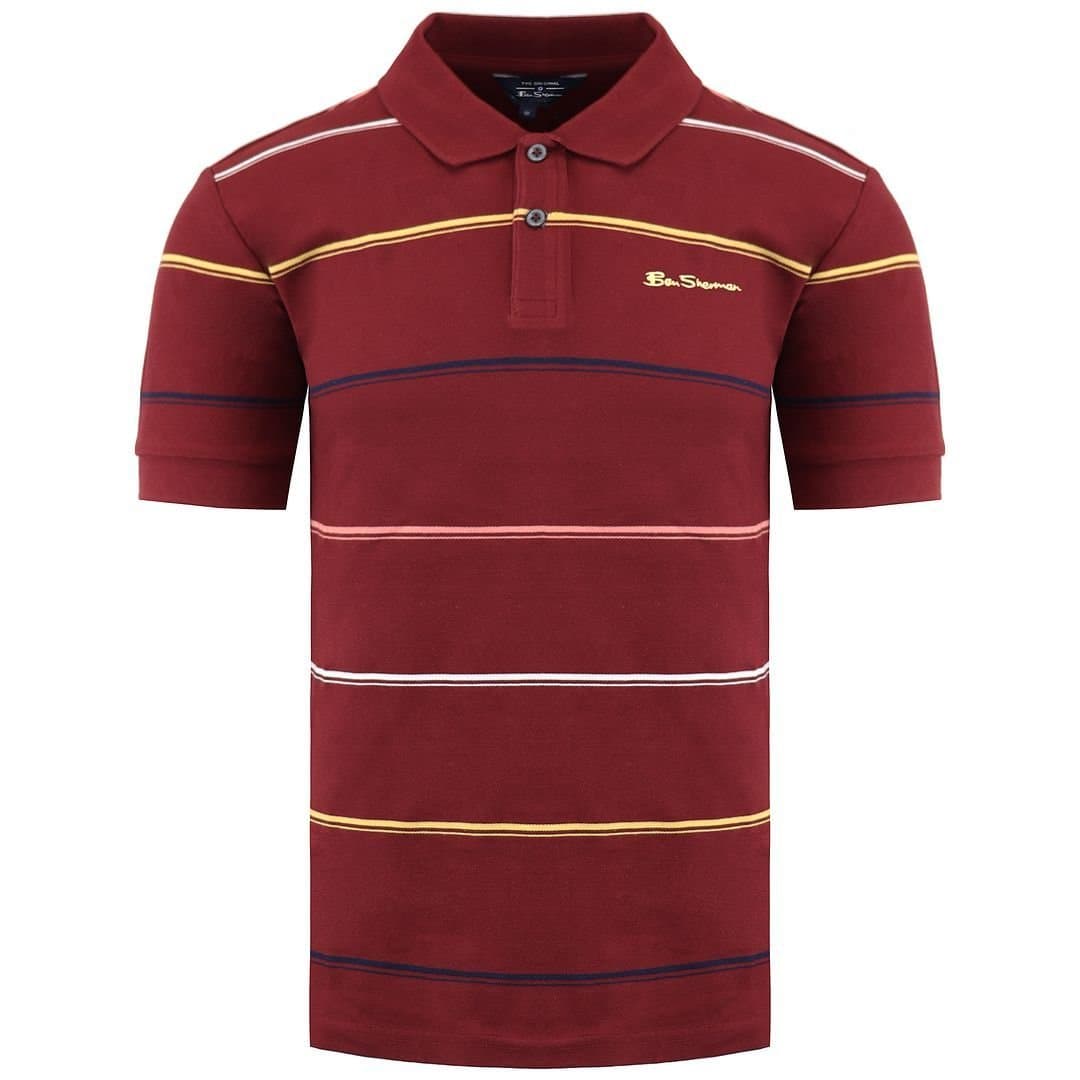 Ben Sherman Ben Sherman Men's Short Sleeve Collared Stripped Burugndy Polo Shirt in Burgundy