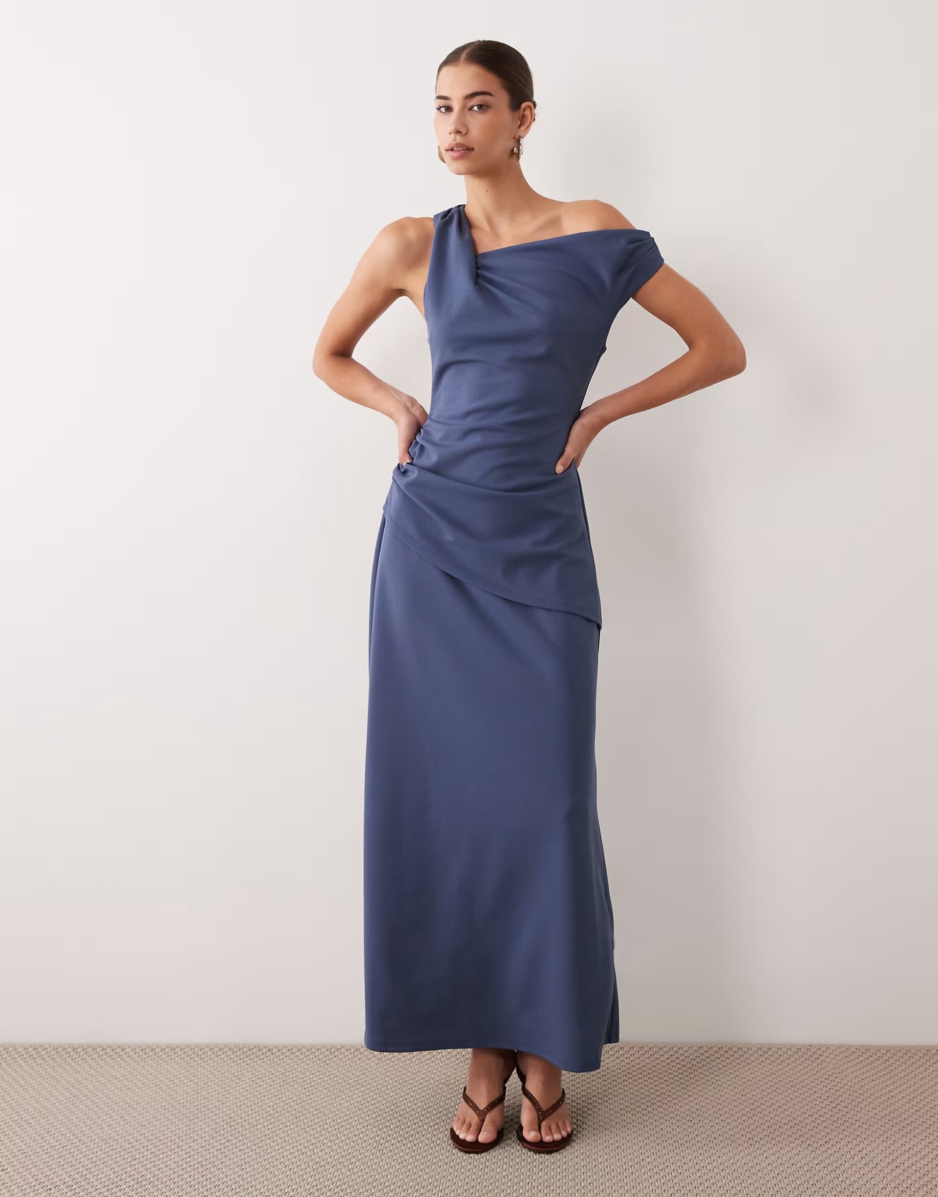 ASOS ASOS DESIGN crepe fallen shoulder maxi dress with ruched skirt detail in denim blue