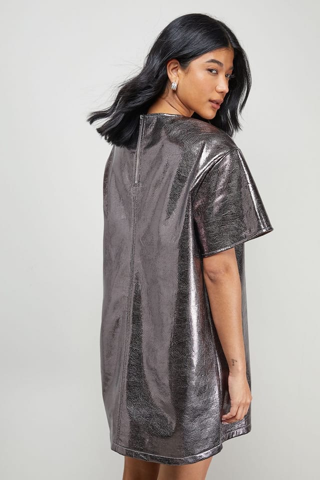 Warehouse Warehouse Women's Metallic Faux Reptile Leather T-Shirt Mini Dress in Chocolate - 3