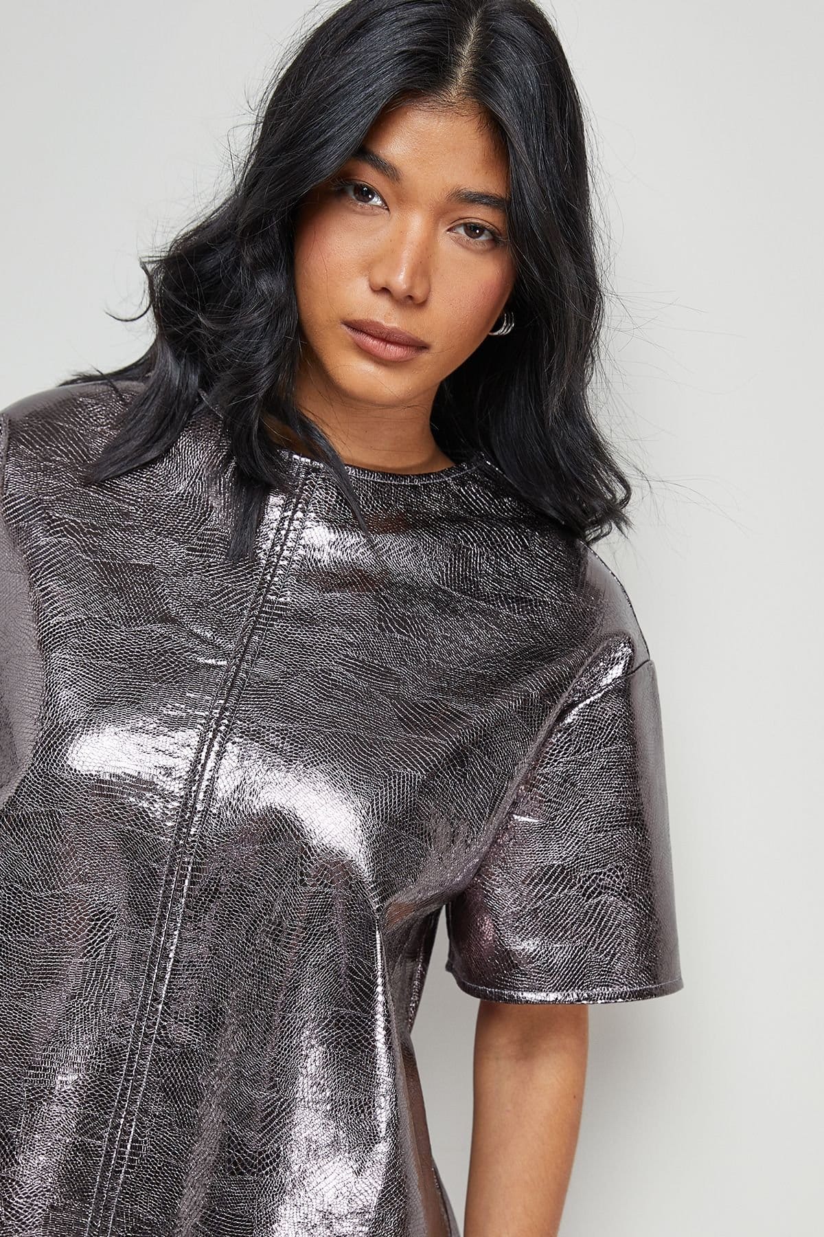 Warehouse Warehouse Women's Metallic Faux Reptile Leather T-Shirt Mini Dress in Chocolate - 4