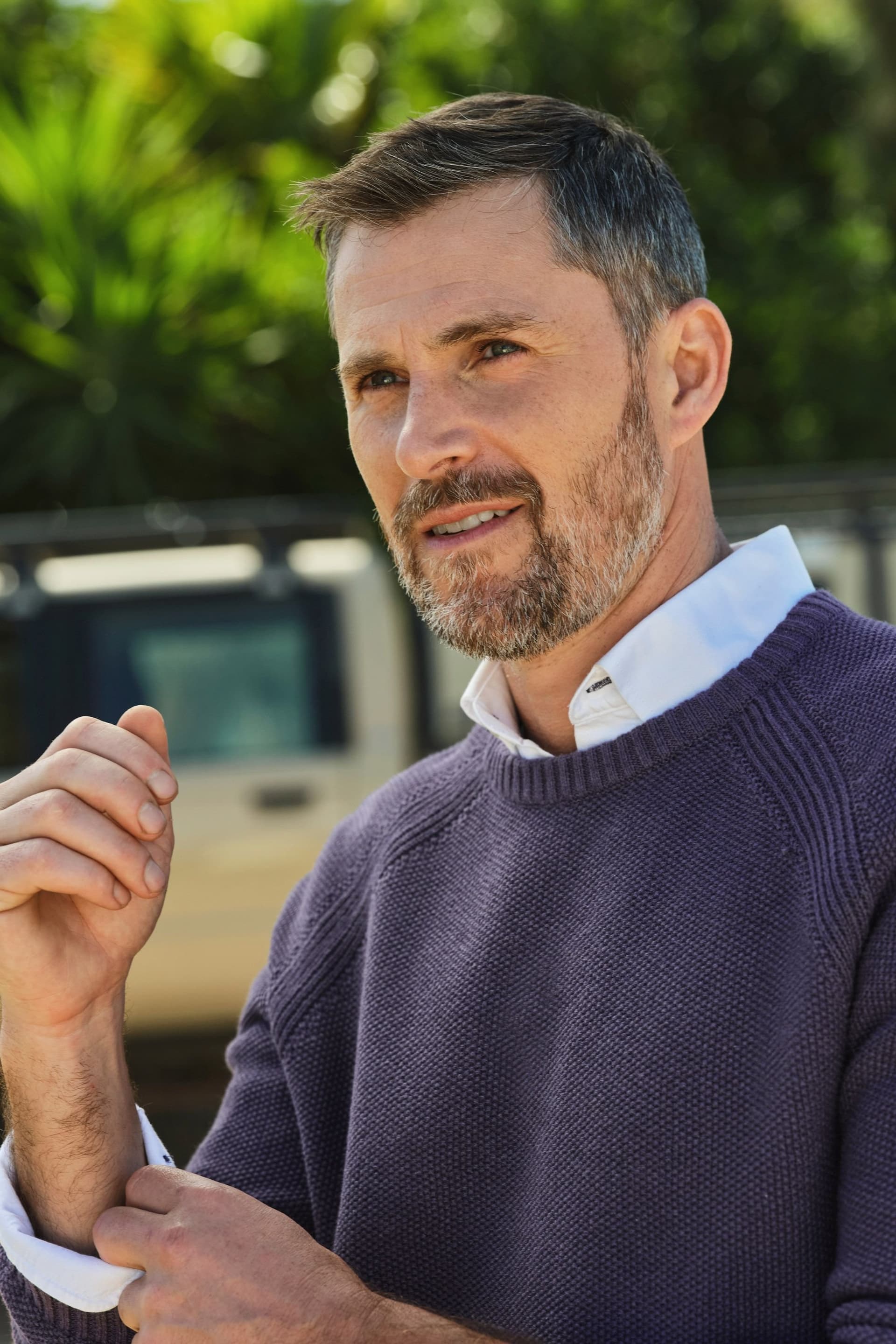 WoolOvers WoolOvers Men's Moss Stitch Essential Crew Neck Jumper in Purple
