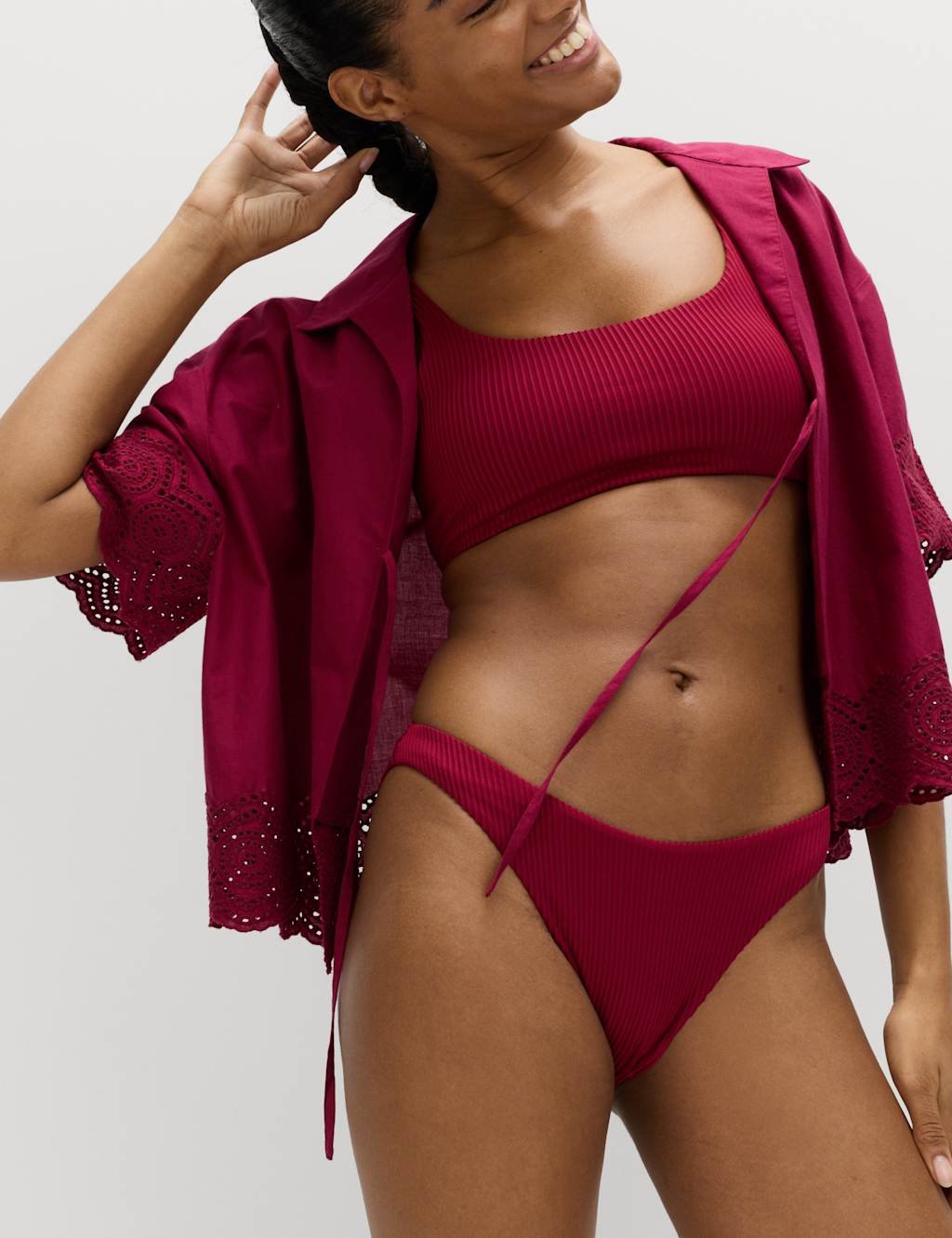 Marks & Spencer M&S Ribbed High Leg Bikini Bottoms Raspberry - 1