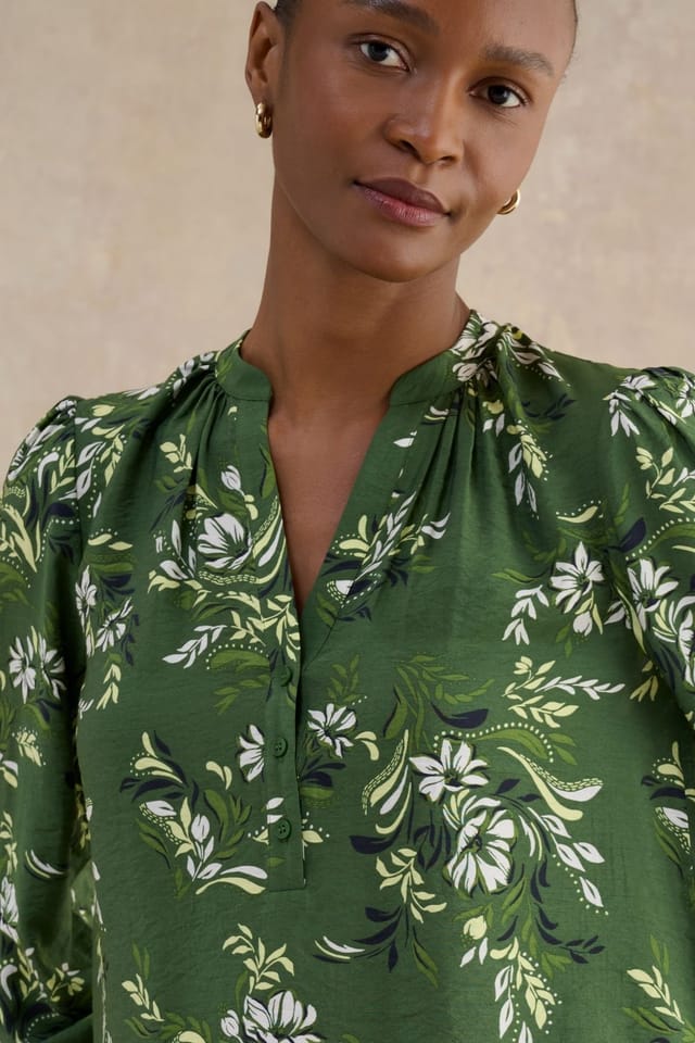 Hobbs London Hobbs London Women's Sylvia Mandarin Collar Printed Blouse in Dark Olive - 3