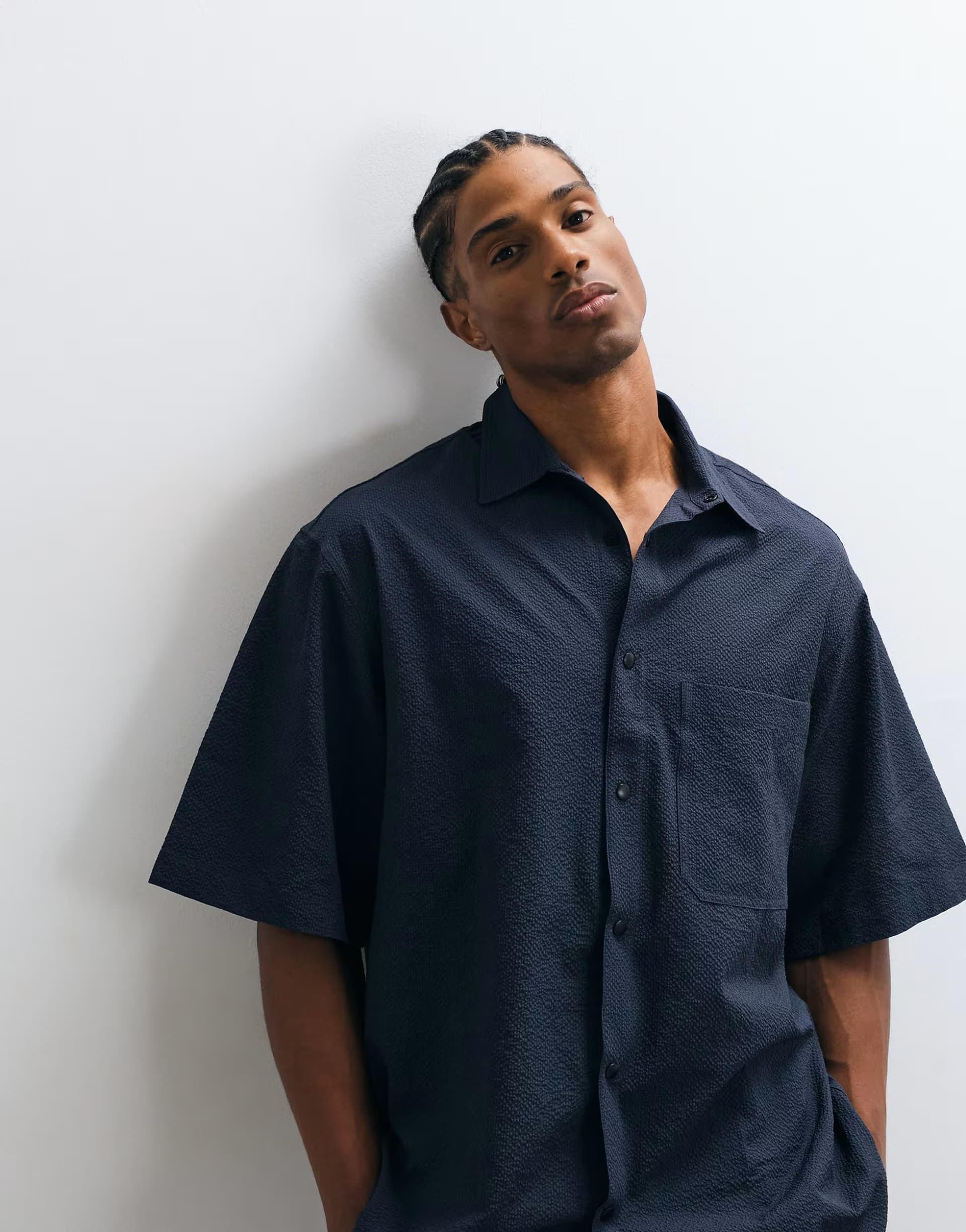 ASOS ARKET seersucker crinkle short sleeve shirt in navy