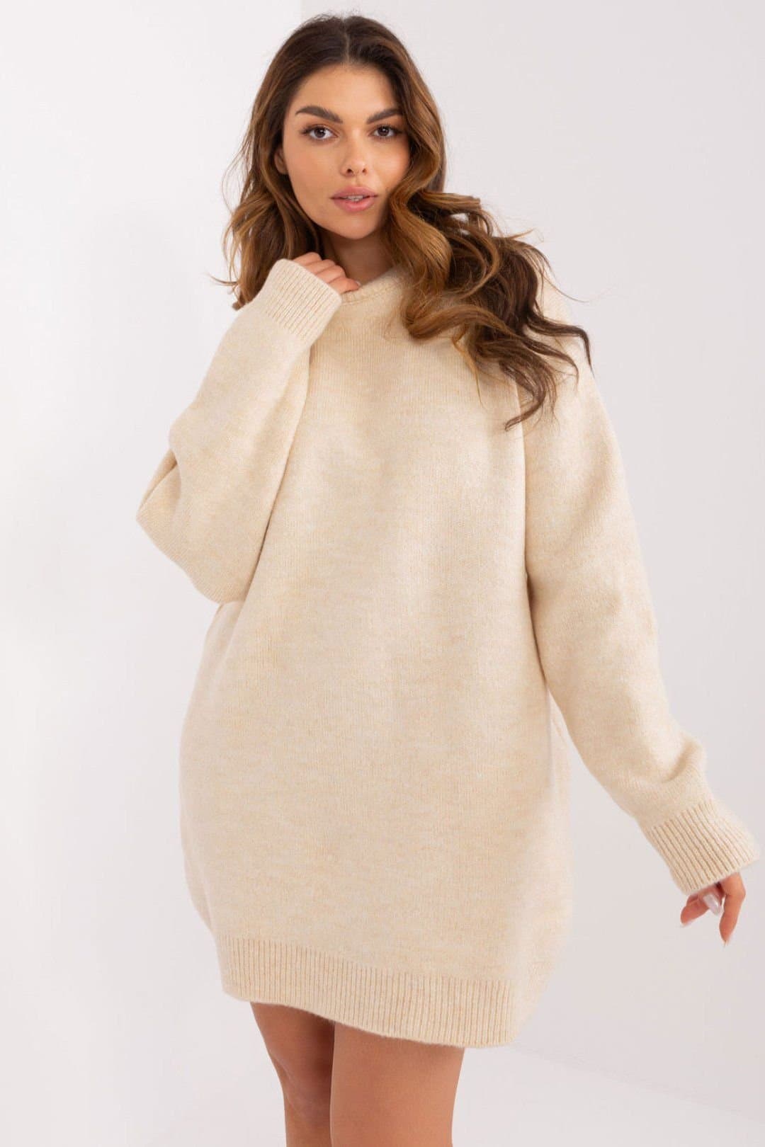 Love Lace Love Lace Women's Acrylic Long Sleeve Mini Day Dress in Beige