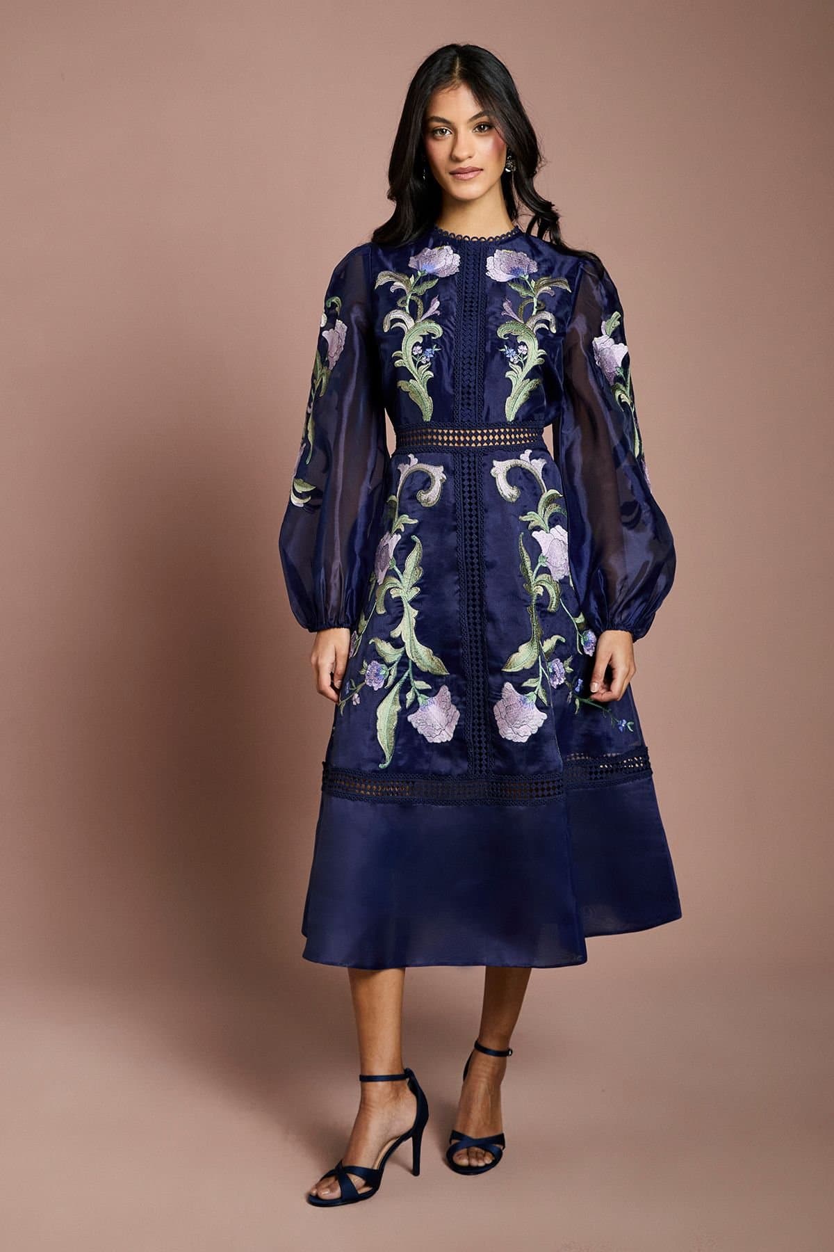 Coast Coast Women's Petite Blouson Sleeve Embroidered Midi Dress in Navy