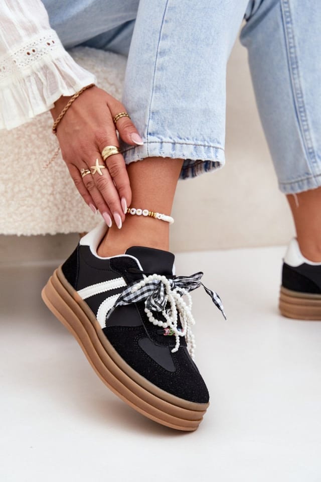 Love Lace Love Lace Women's Sport Suede Platform Sneakers with Charm Lace Detail Everyday in Black - 3