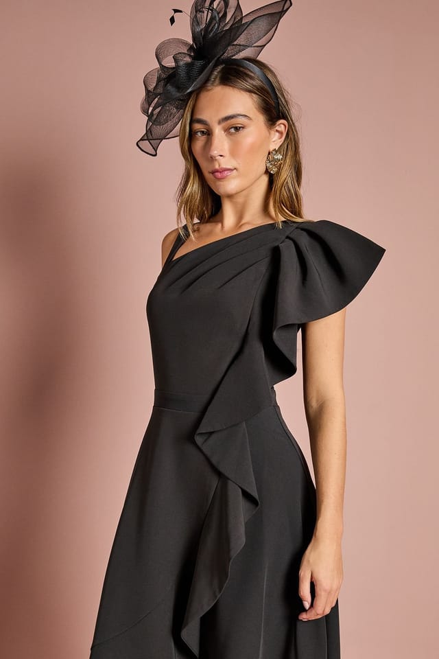 Coast Coast Women's One Shoulder Crepe Ruffle Midi Dress in Black - 2