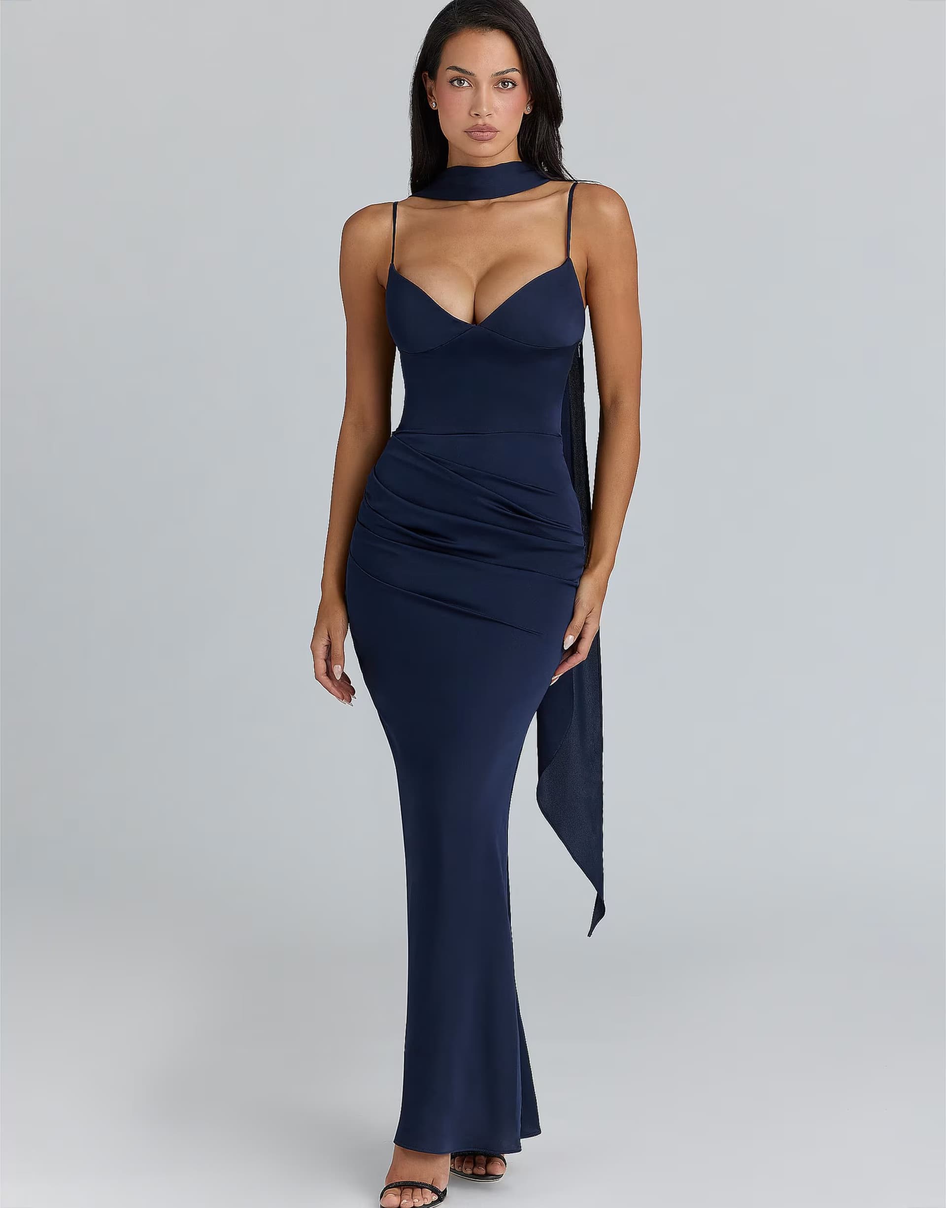 ASOS House of CB Freya navy satin gathered maxi dress + scarf in navy