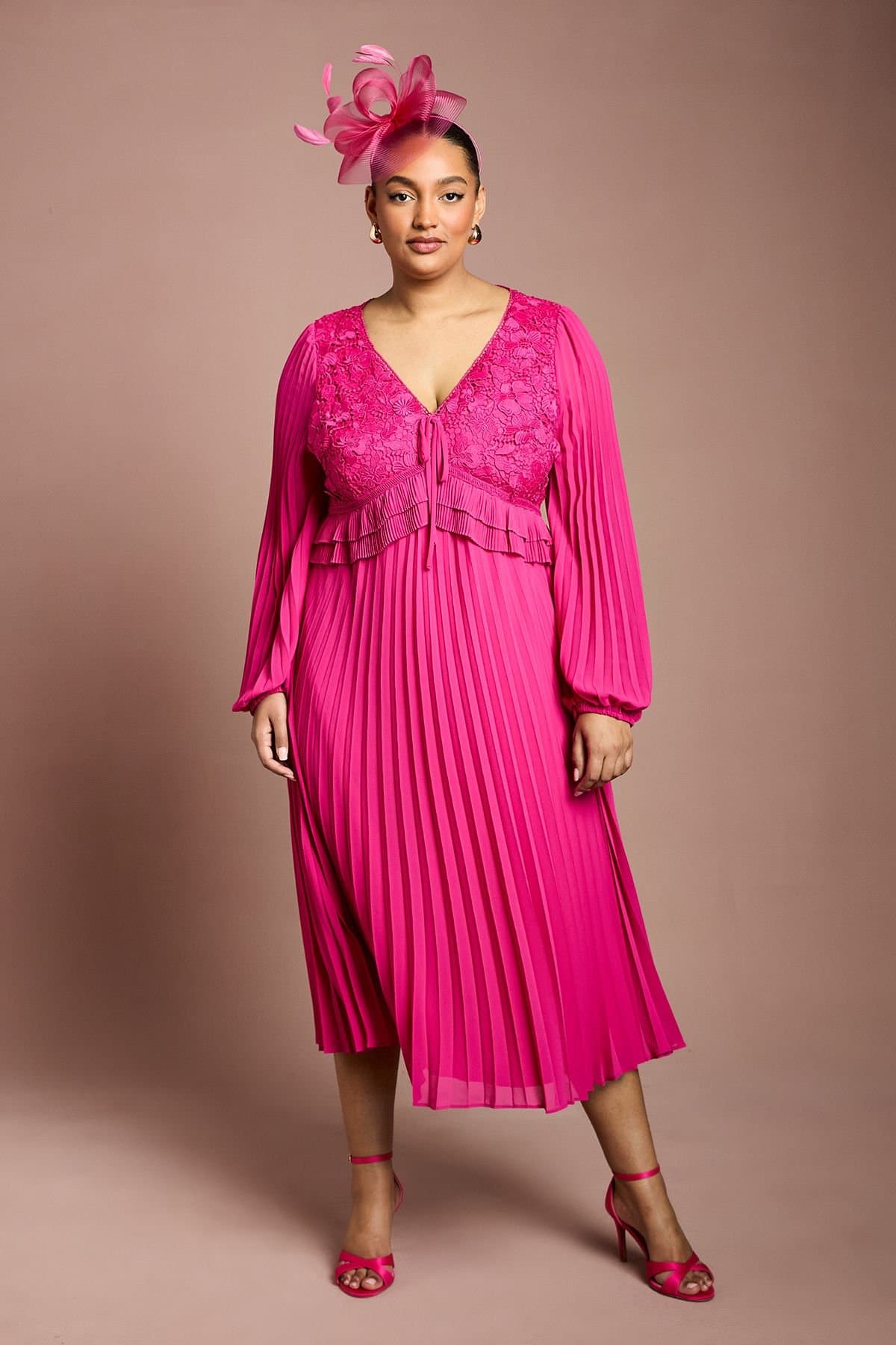 Coast Coast Women's Plus Lace Insert Long Sleeve Pleat Dress in Magenta