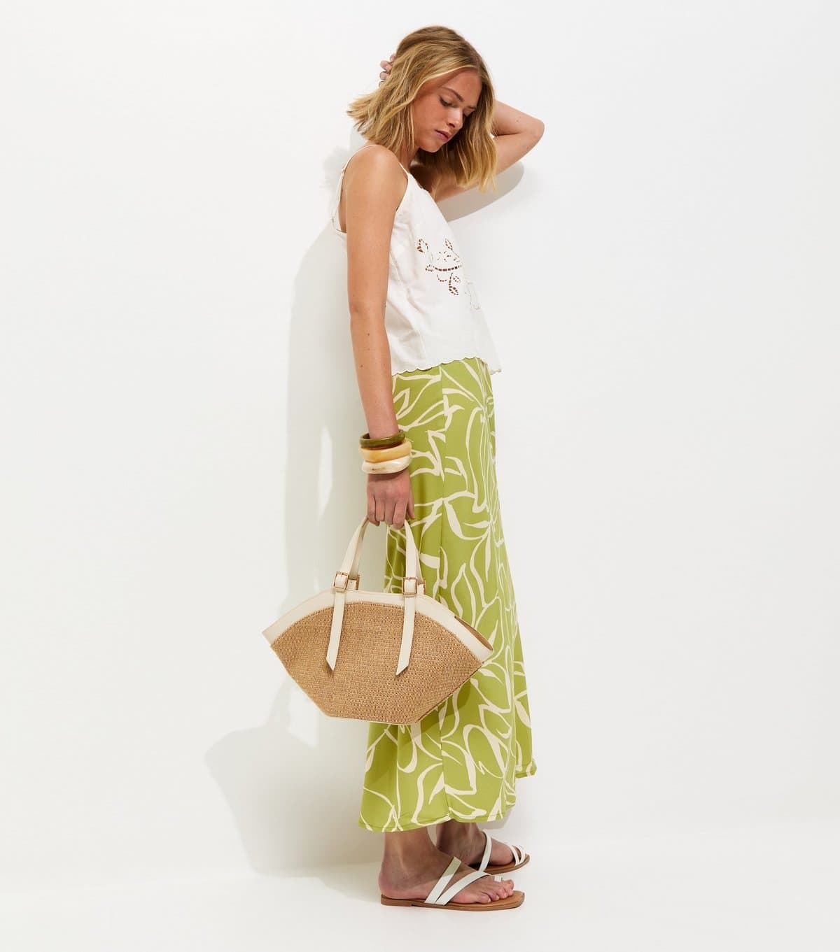 New Look Women's Light Green Crepe Sketch Floral Bias Cut Midi Skirt New Look