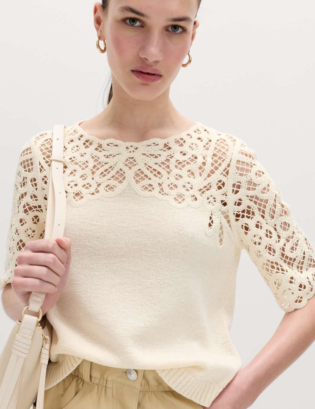 Marks & Spencer M&S Lace Detail Knitted Top With Cotton Vanilla