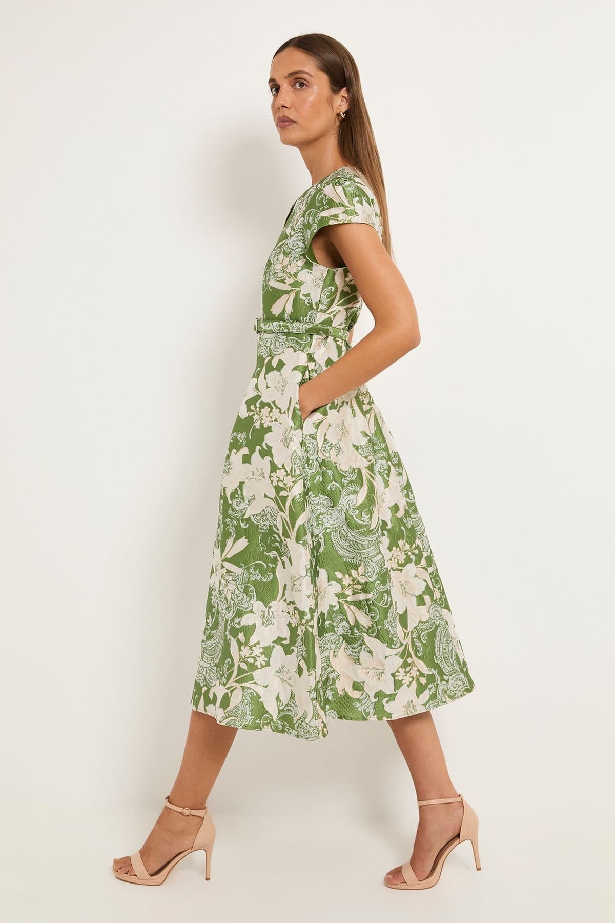 Wallis Wallis Women's Jacquard Cap Sleeve Belted Midi Dress in Green