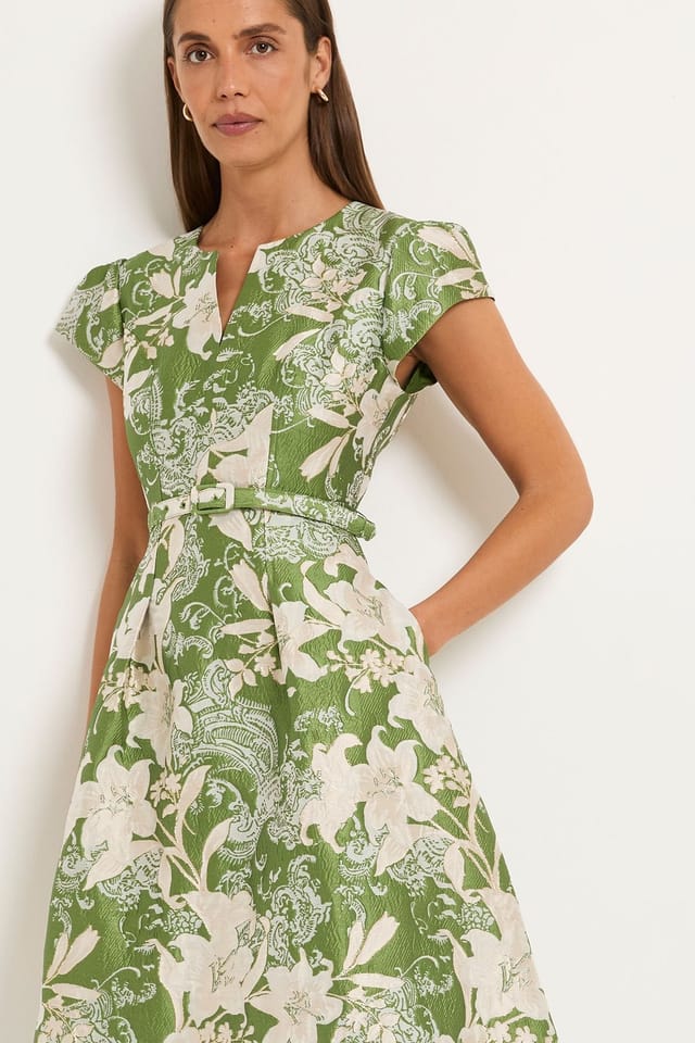 Wallis Wallis Women's Jacquard Cap Sleeve Belted Midi Dress in Green - 2
