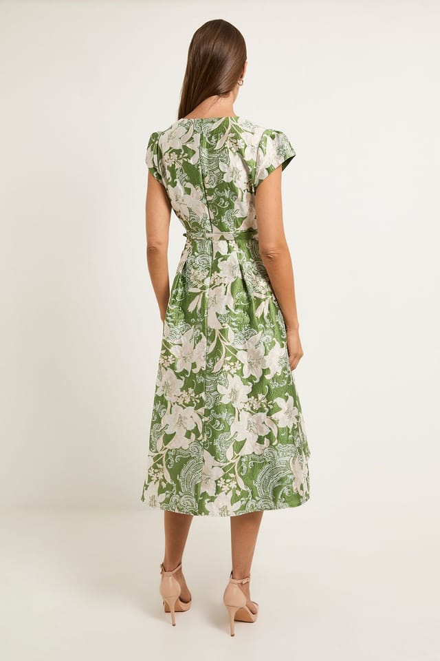Wallis Wallis Women's Jacquard Cap Sleeve Belted Midi Dress in Green - 3