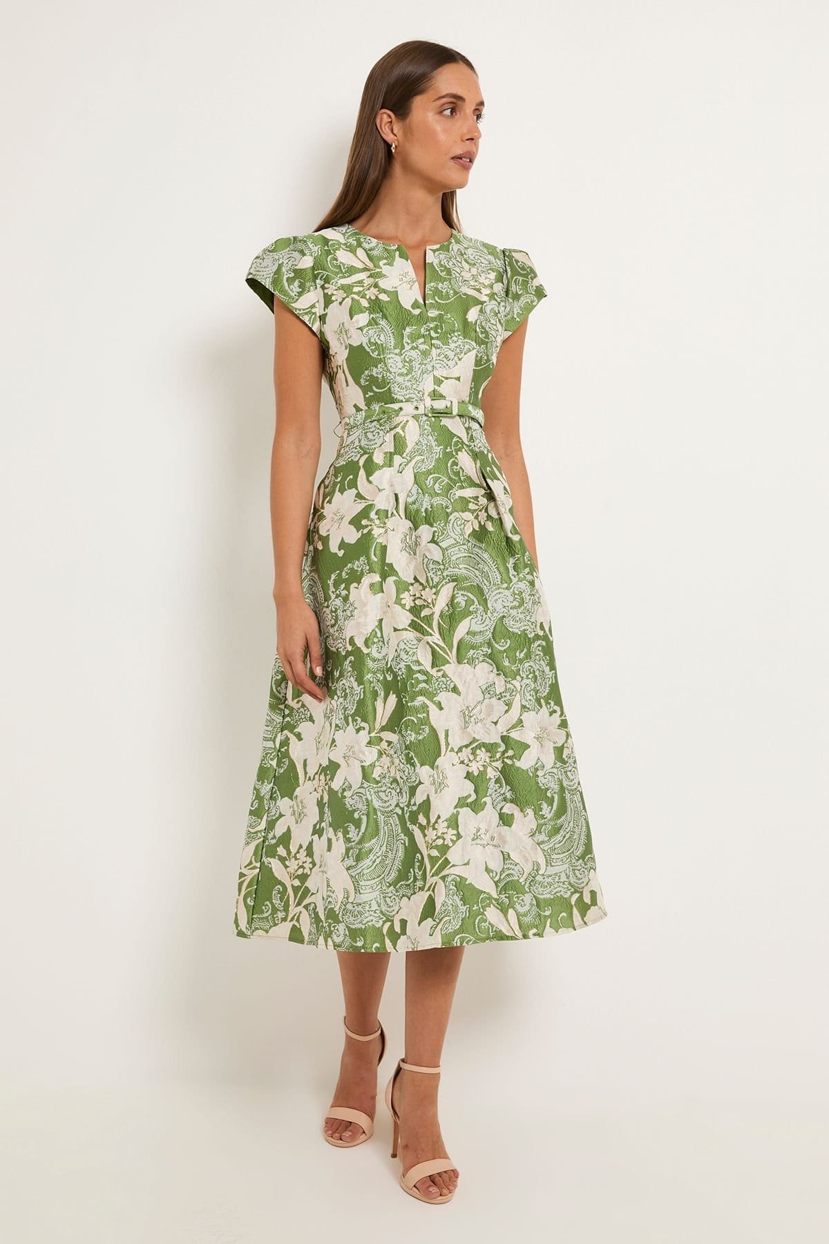 Wallis Wallis Women's Jacquard Cap Sleeve Belted Midi Dress in Green - 4