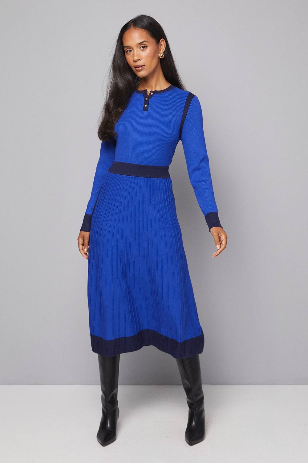 Wallis Wallis Women's Fit & Flare Button Neck Knitted Dress in Cobalt - 2