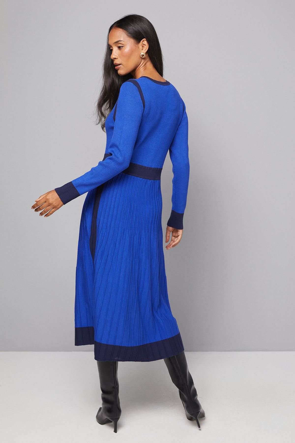 Wallis Wallis Women's Fit & Flare Button Neck Knitted Dress in Cobalt - 3