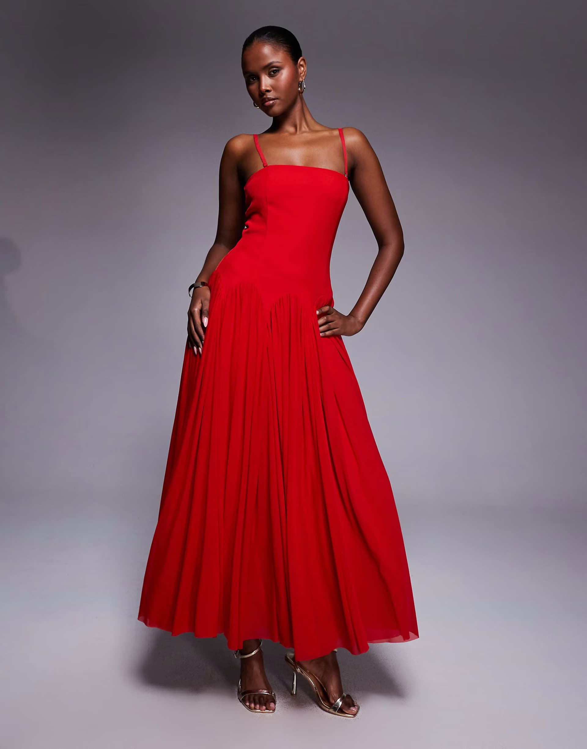 ASOS Rare London cami scallop drop waist pleated maxi dress in red