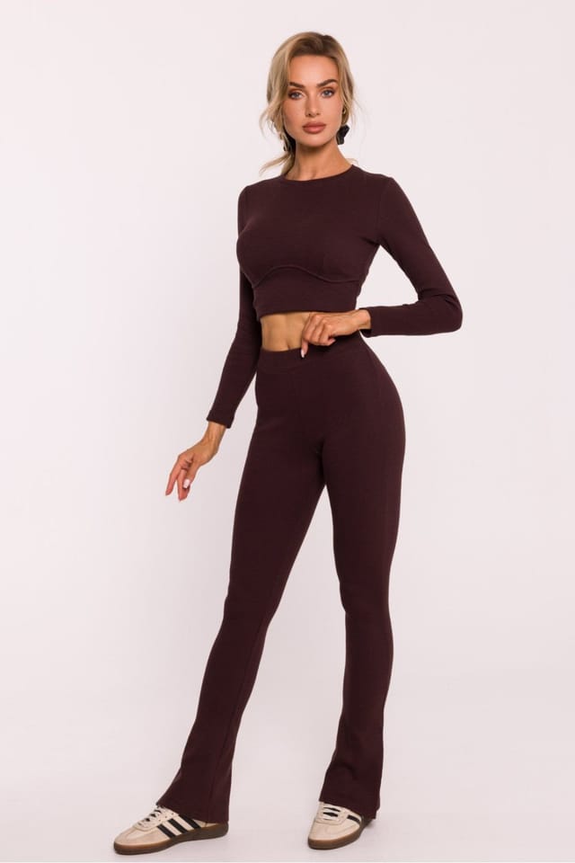 Love Lace Love Lace Women's Long Ribbed Cotton Leggings with Slits in Brown - 2