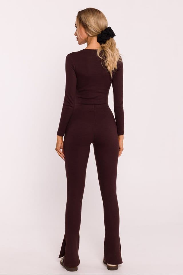 Love Lace Love Lace Women's Long Ribbed Cotton Leggings with Slits in Brown - 3
