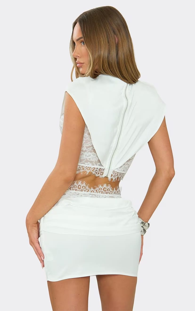 EGO Short Sleeve Lace Panel Trim Detail Crop Top In White Satin, Women's Size UK 6 - 1