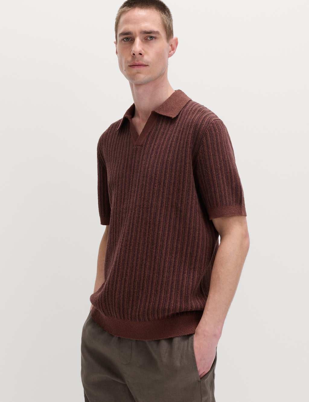 Marks & Spencer M&S Boucle Striped Open Neck Knitted Polo Shirt Chestnut