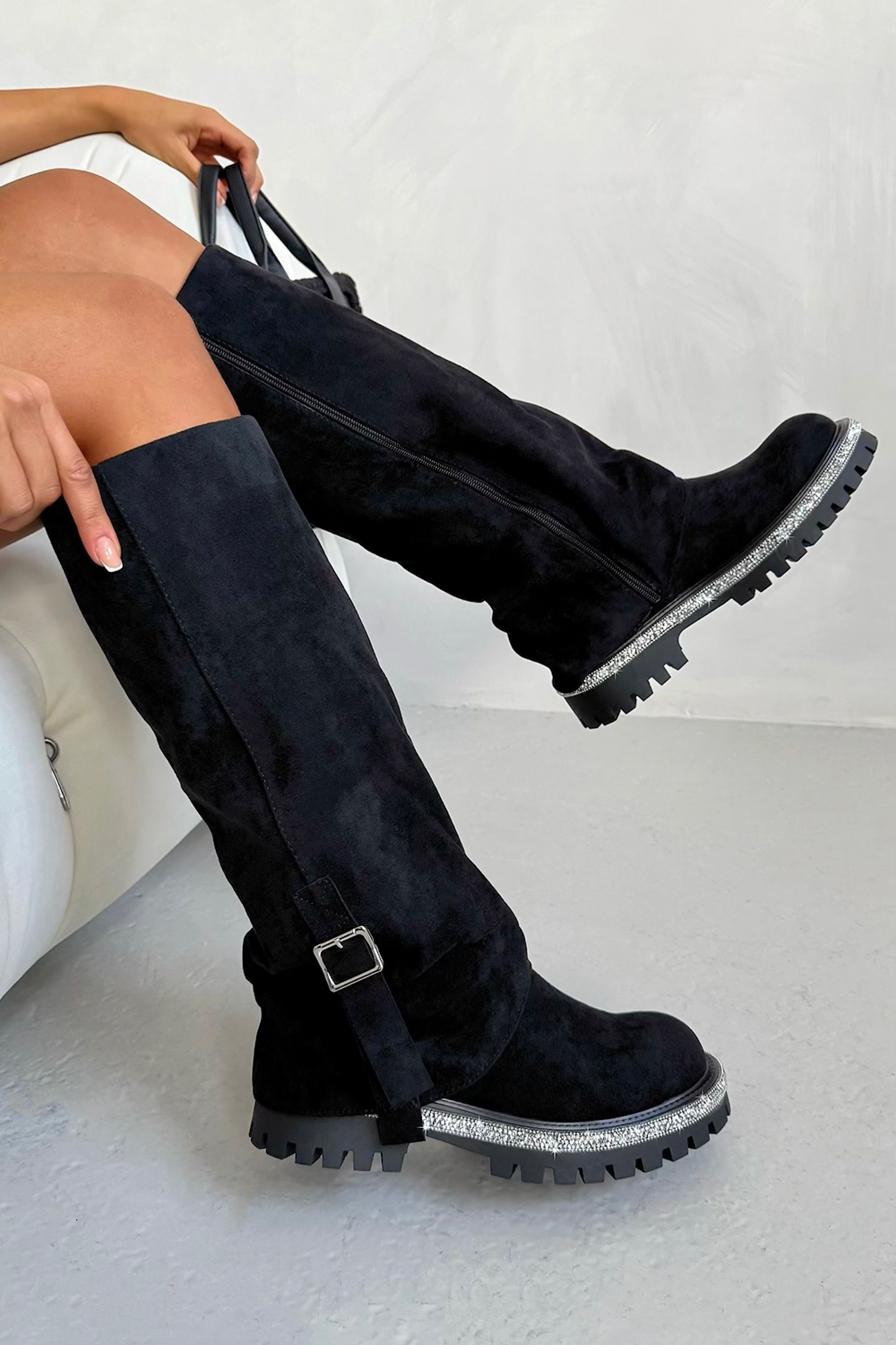 Love Lemonade Love Lemonade Women's Crystal Trim Wild Obsession Knee High Boots in Black - 3