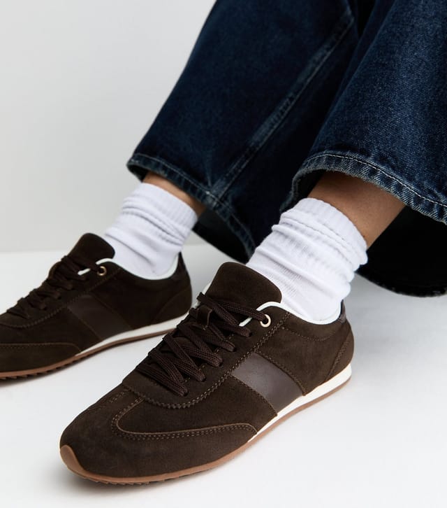 New Look Women's Dark Brown Faux Brushed Leather Side Stripe Trainers Vegan New Look - 2