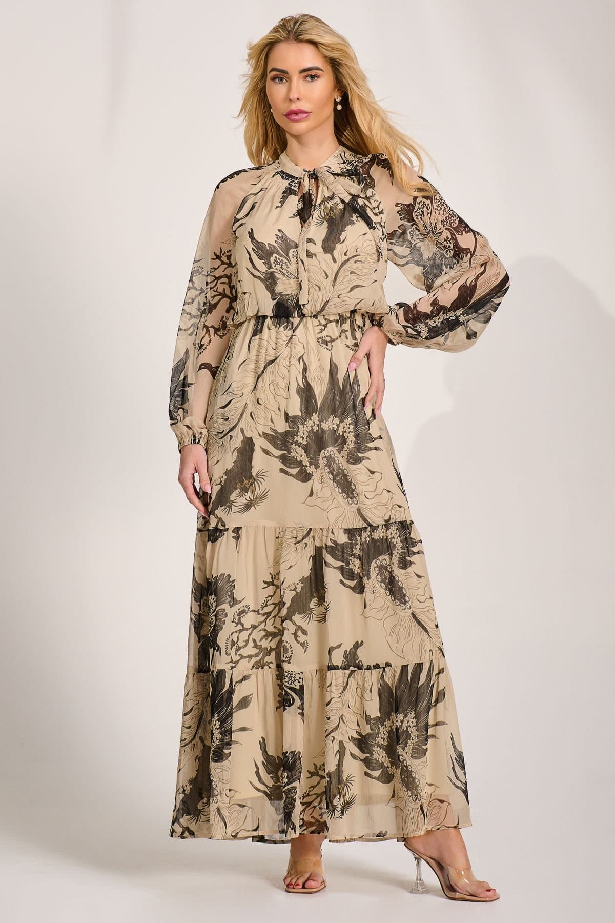 Jolie Moi Jolie Moi Women's Long Sleeve Tie Neck Maxi Dress in Light Beige