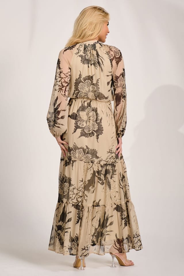 Jolie Moi Jolie Moi Women's Long Sleeve Tie Neck Maxi Dress in Light Beige - 2