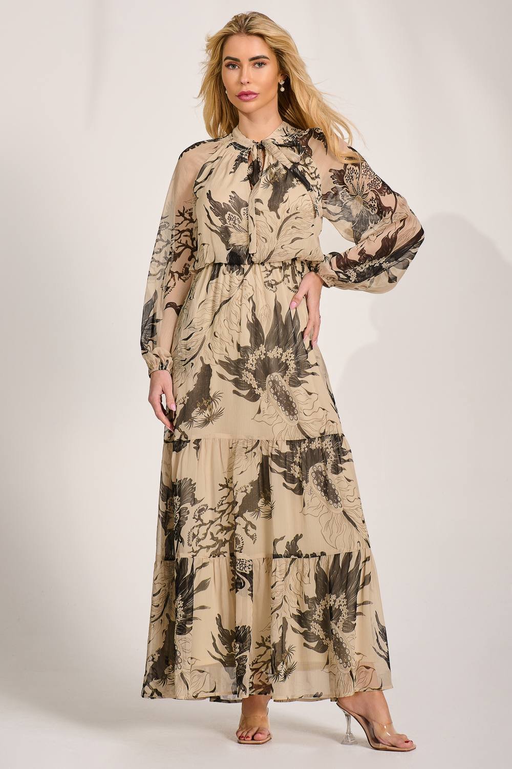 Jolie Moi Jolie Moi Women's Long Sleeve Tie Neck Maxi Dress in Light Beige - 3