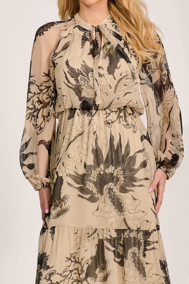 Jolie Moi Jolie Moi Women's Long Sleeve Tie Neck Maxi Dress in Light Beige - 3