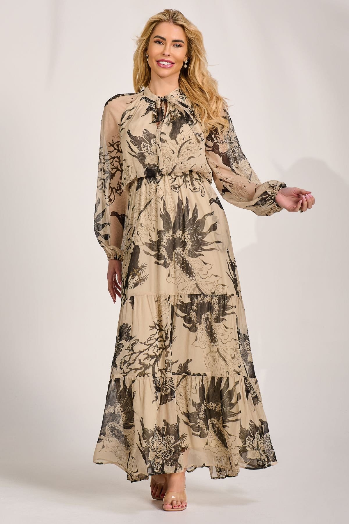 Jolie Moi Jolie Moi Women's Long Sleeve Tie Neck Maxi Dress in Light Beige - 4