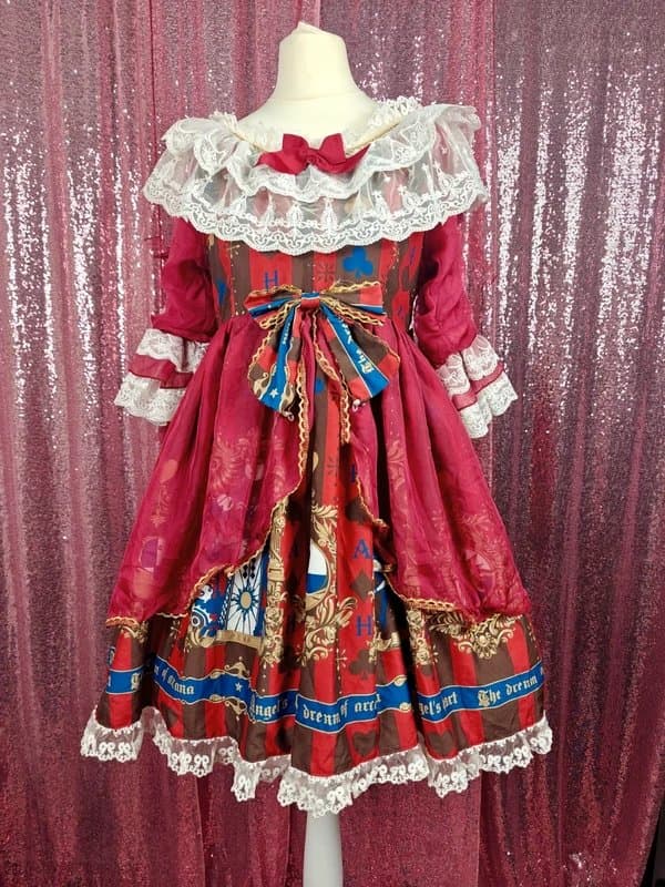 Lolita Unbranded Red & gold arcane motif white lace elegant classic Lolita OP midi dress size XS-S