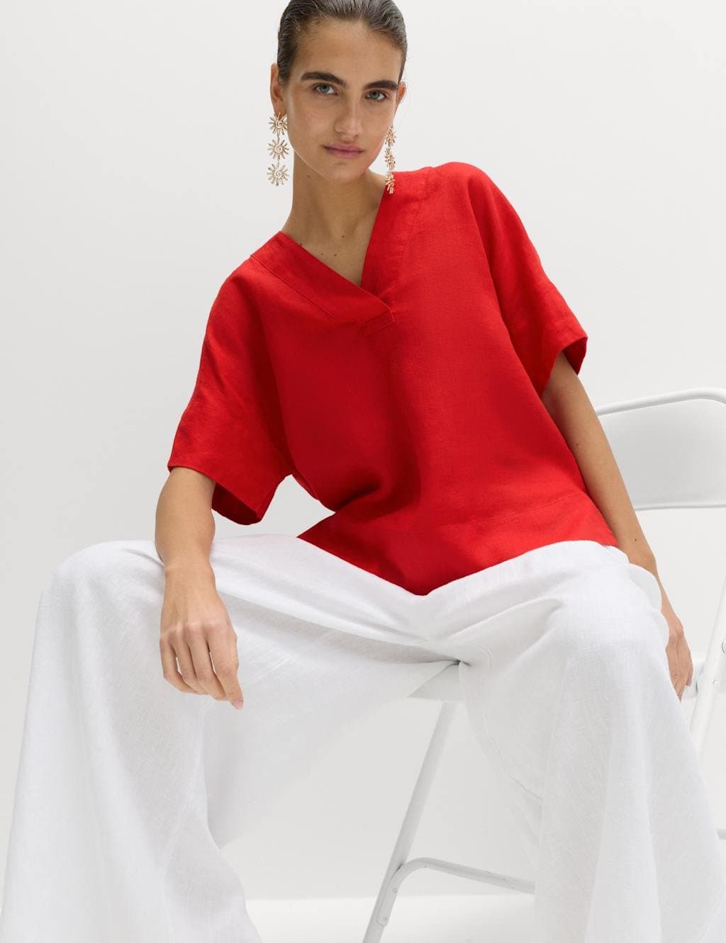 Marks & Spencer M&S Pure Linen V-Neck Popover Top Lacquer Red
